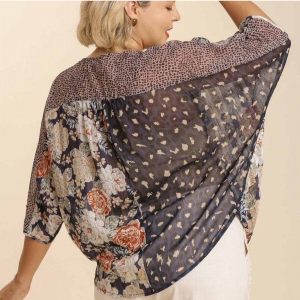 Umgee Navy Print Sheer Surplice Top XL